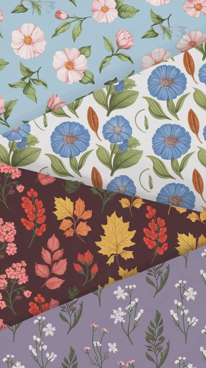 A collection of seasonal floral wallpaper patterns, featuring pink flowers on blue, blue flowers on white, autumn leaves in burgundy, and white flowers on lavender.