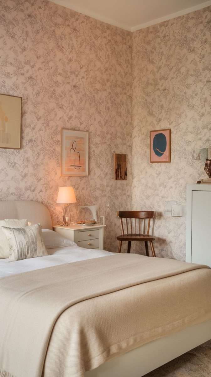 A bedroom featuring soft pastel floral wallpaper, light furniture, and a calming atmosphere.