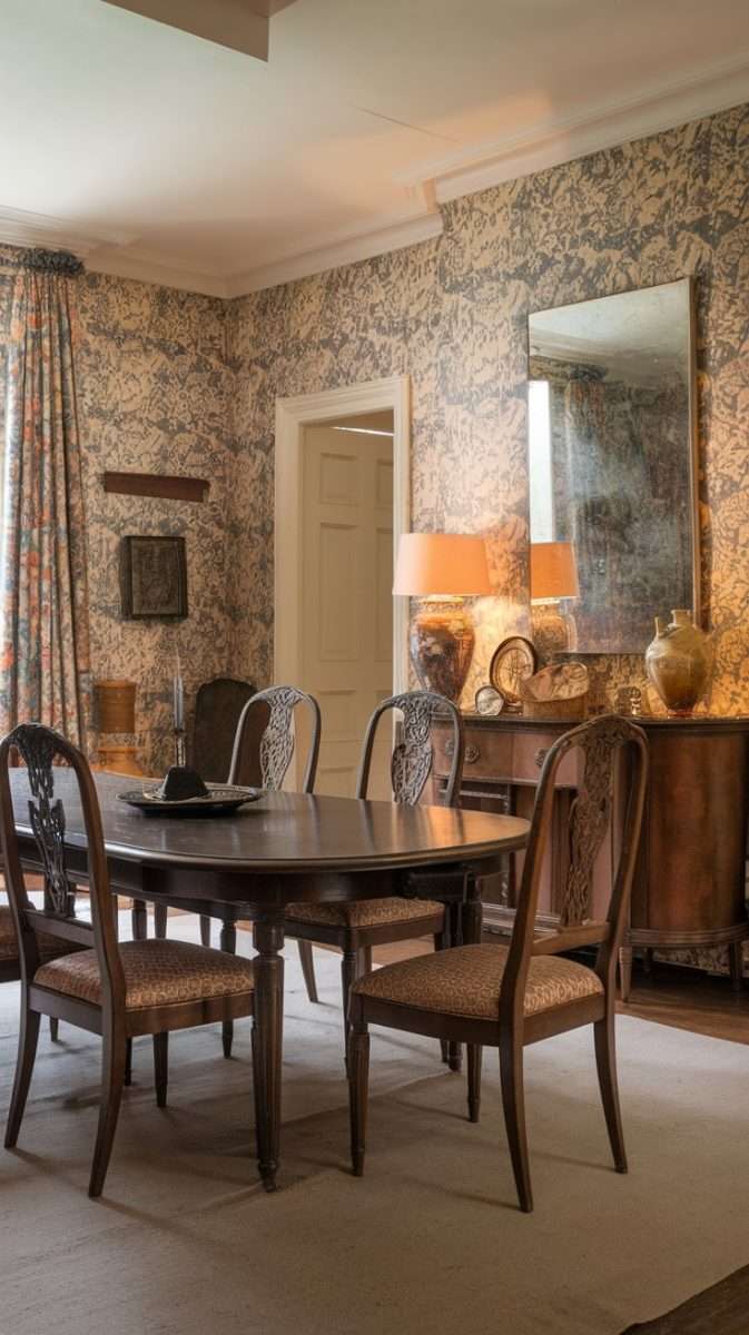 A dining area featuring floral wallpaper, a wooden dining table, and vintage decor.