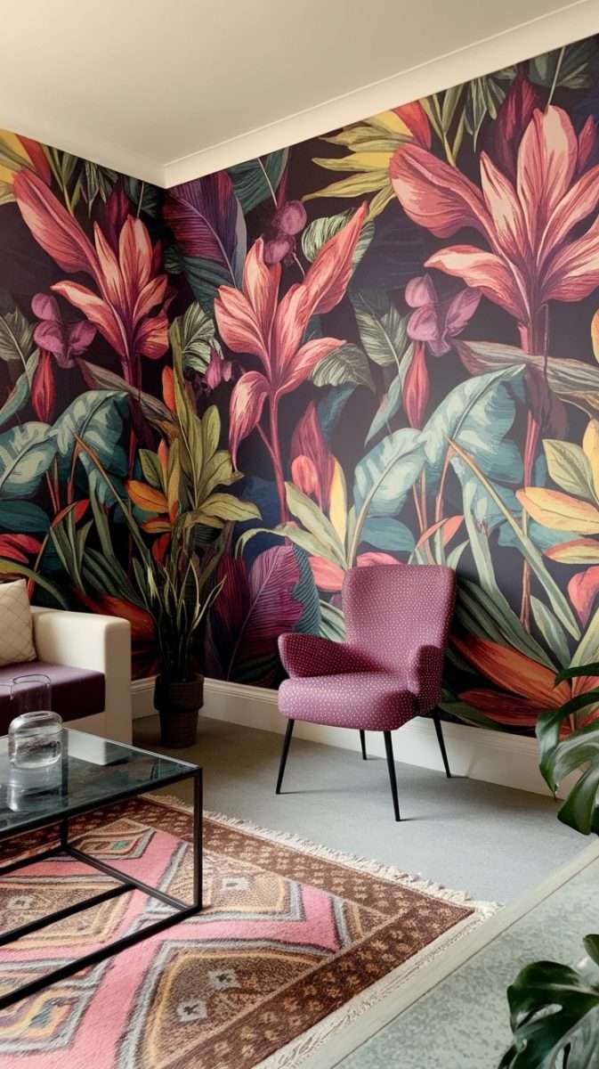 A living room featuring tropical floral wallpaper, a pink chair, and a glass coffee table.