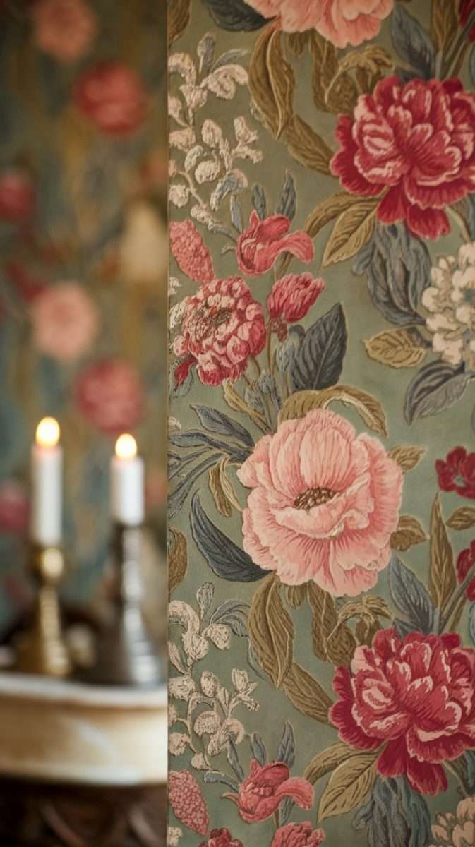 Close-up of floral wallpaper with intricate textures and designs