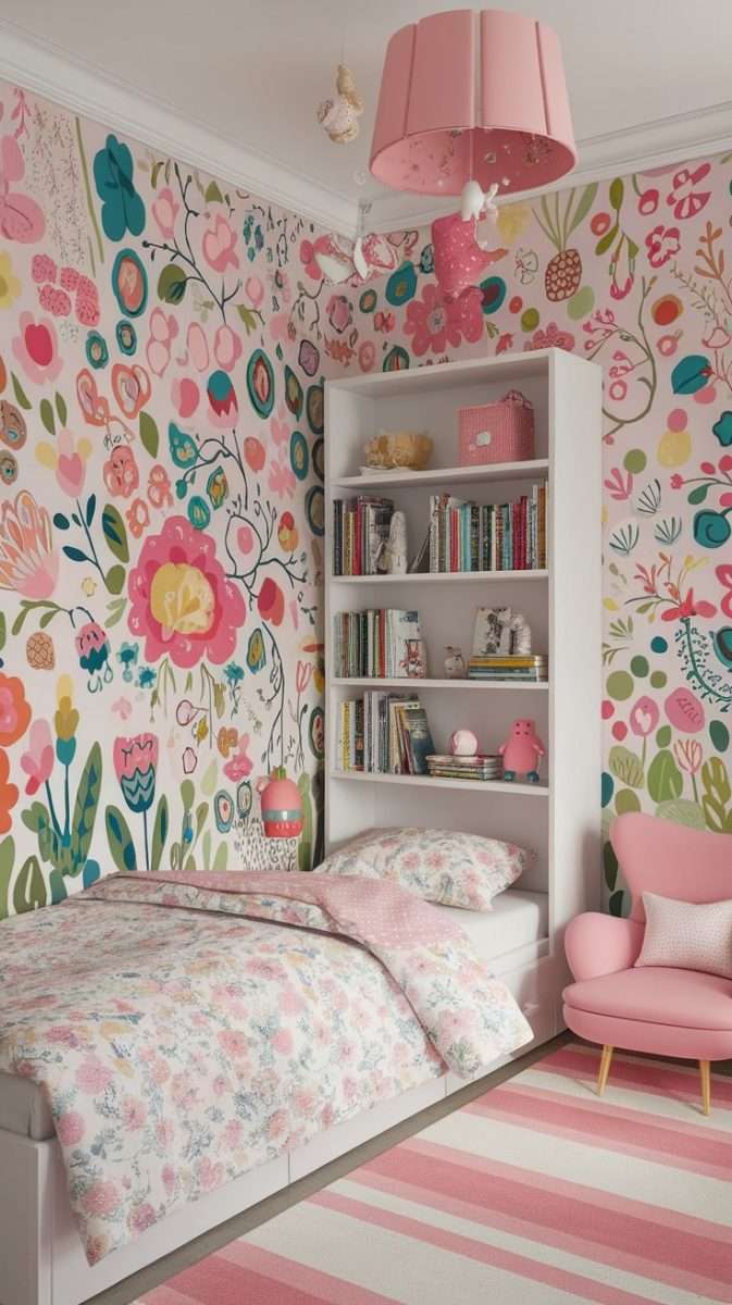 A colorful kids' room featuring whimsical floral wallpaper, a cozy bed with floral bedding, a pink chair, and a striped rug.
