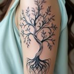 Close-up of a person's upper arm with a detailed tree of life tattoo featuring intertwined branches and roots.