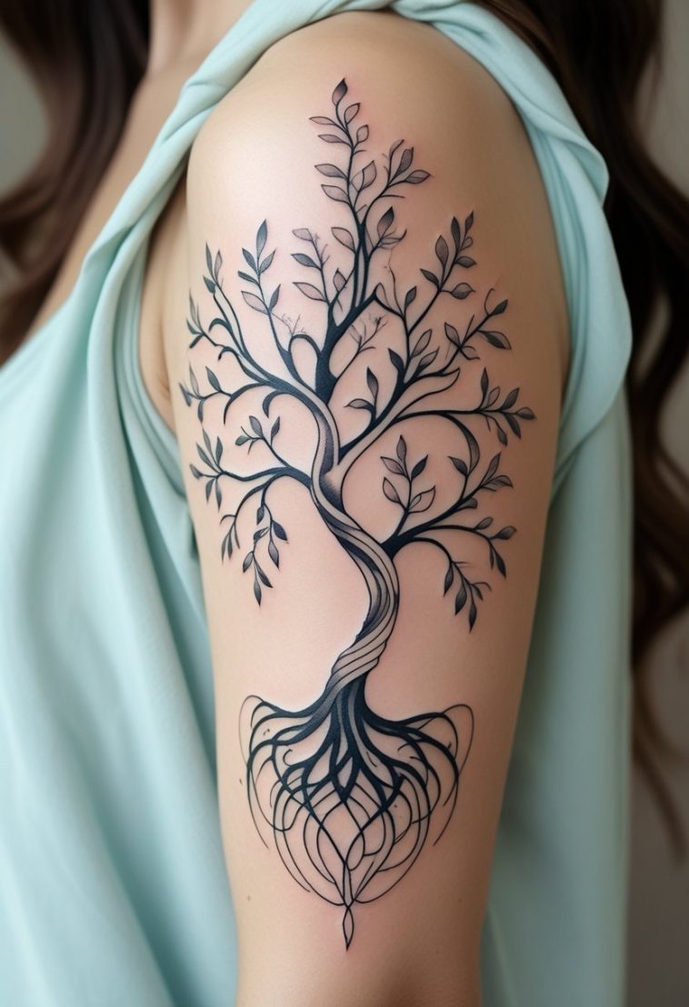 Close-up of a person's upper arm with a detailed tree of life tattoo featuring intertwined branches and roots.