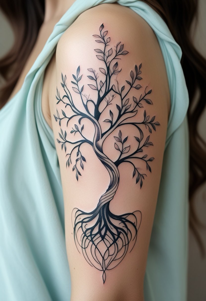 Close-up of a person's upper arm with a detailed tree of life tattoo featuring intertwined branches and roots.