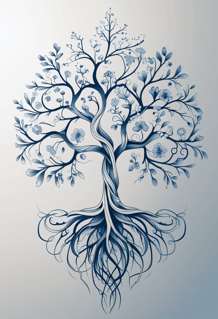 A detailed tattoo design showing tree roots blending into floral patterns forming a tree of life.