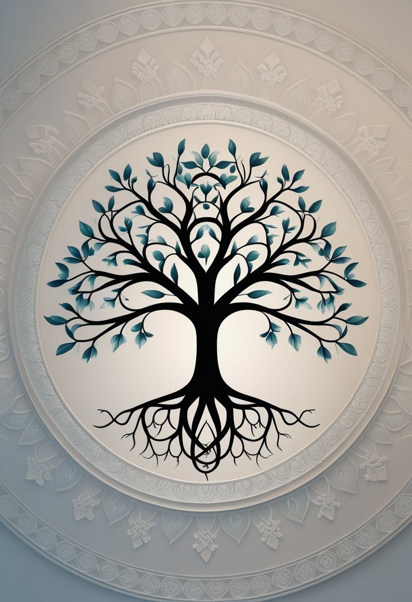 A circular mandala with a tree of life silhouette at its center.