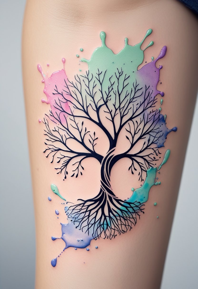 A detailed tattoo of a tree with branches and roots surrounded by pastel-colored watercolor splashes.