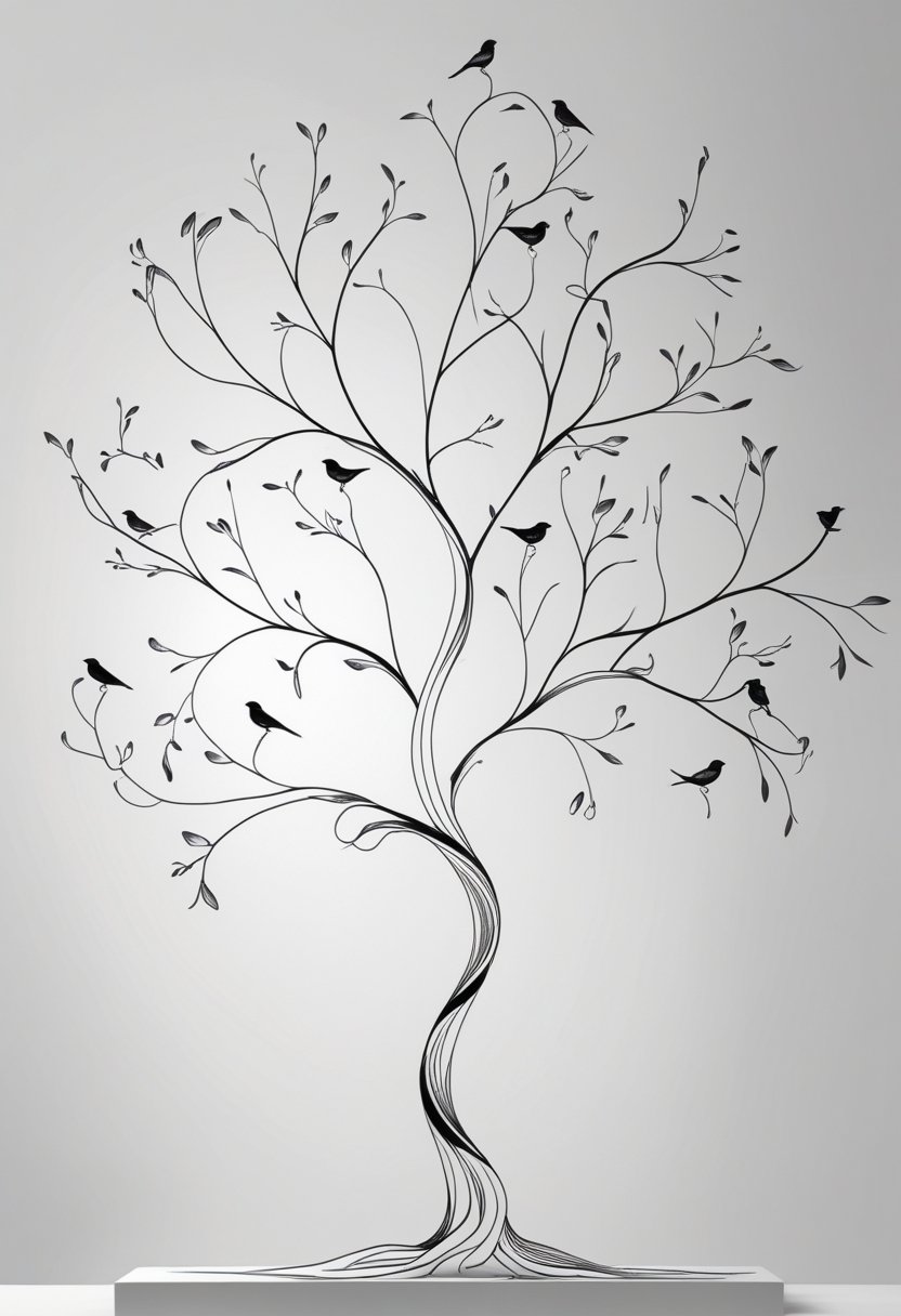 A detailed tree with slender branches and small birds perched on them.