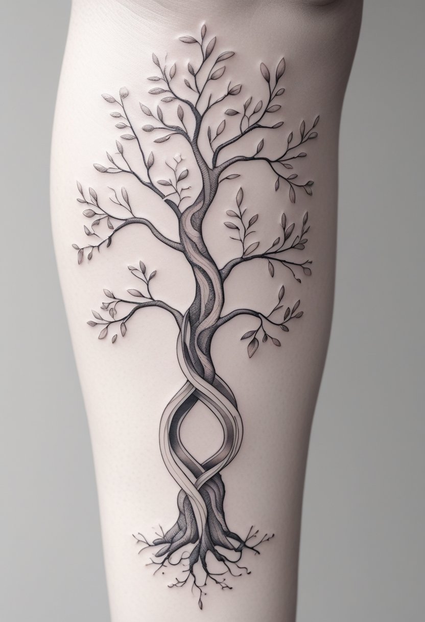 A tattoo design showing a tree trunk intertwined with an infinity symbol forming a tree of life.
