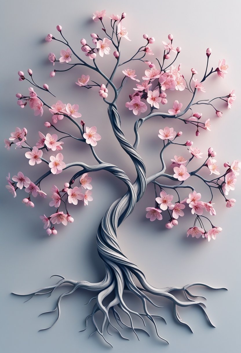 A tree of life tattoo with blooming cherry blossoms on its branches.