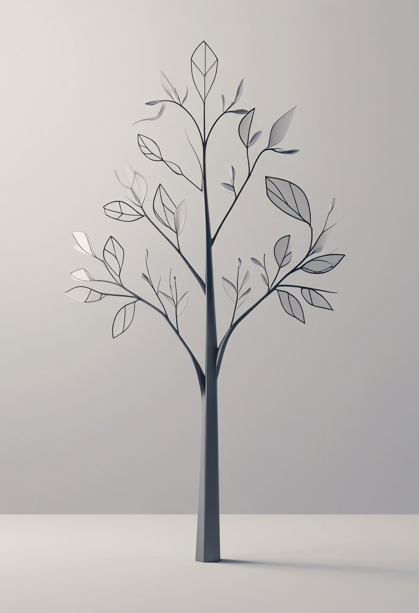 A minimalist tree with geometric leaves representing a tree of life.