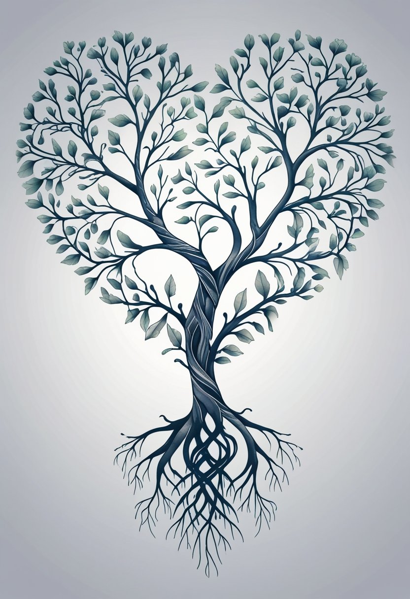 A tree shaped like a heart with visible roots below, designed as a feminine tree of life tattoo.